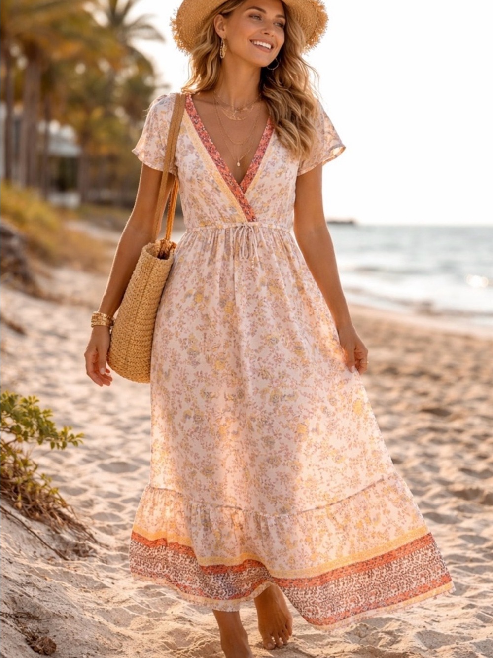 Bebop Peach Floral Wrap Boho Maxi Dress with coral trim Size XS